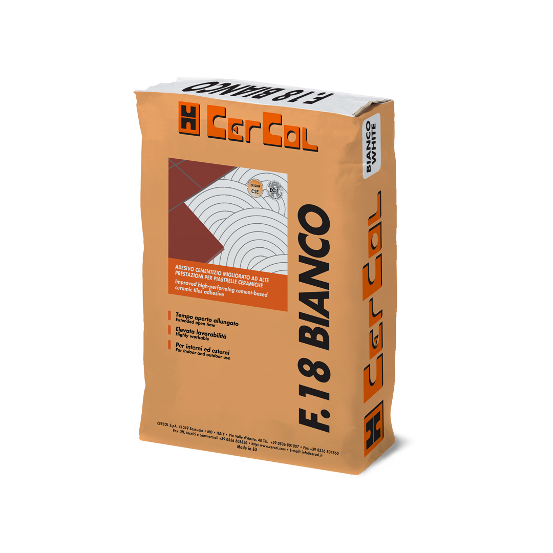 F.18 BIANCO (25Kg) – Adesivi monocomponenti al quarzo, a tempo aperto maggiorato a base di cementi PTL 52,5R ed additivi speciali.